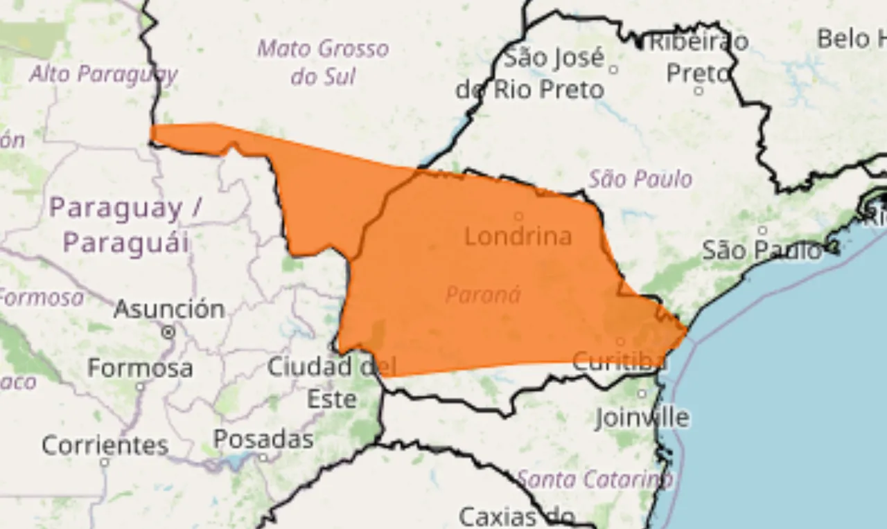A imagem mostra &aacute;rea de alertas para tempestades nos estados de S&atilde;o Palo, Paran&aacute; e Mato Grosso do Sul